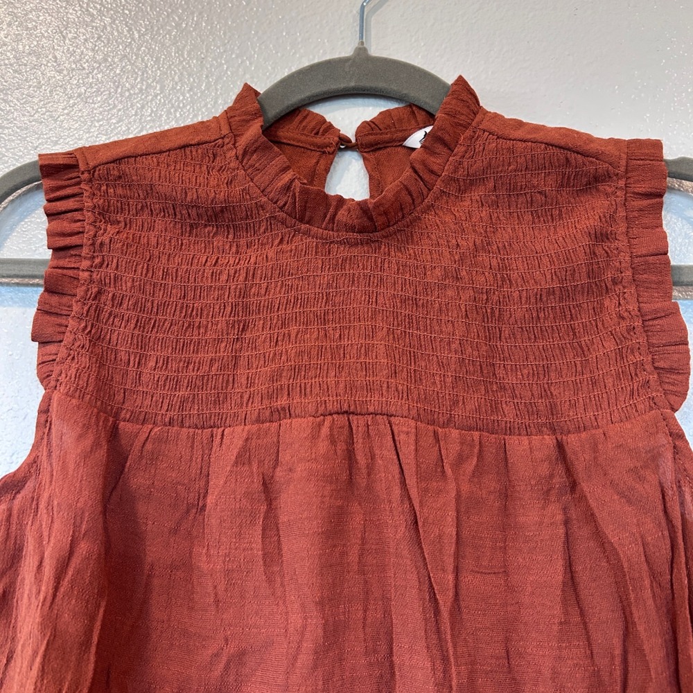 Nanette Lepore Rust Orange Smocked High Neck Ruffle Sleeveless Blouse Small - Picture 4 of 9